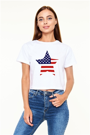ABD Beyaz Croptop Tişört