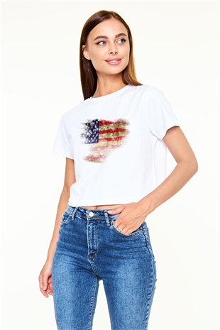 ABD Beyaz Croptop Tişört