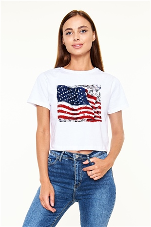ABD Beyaz Croptop Tişört