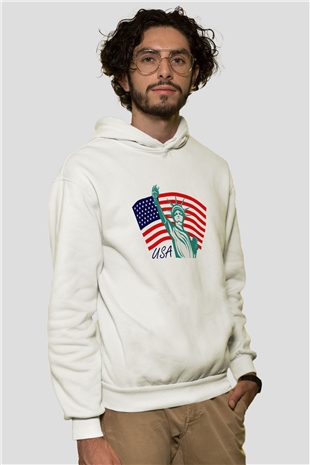 ABD Beyaz Unisex Kapşonlu Sweatshirt