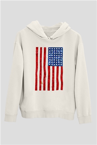 ABD Beyaz Unisex Kapşonlu Sweatshirt