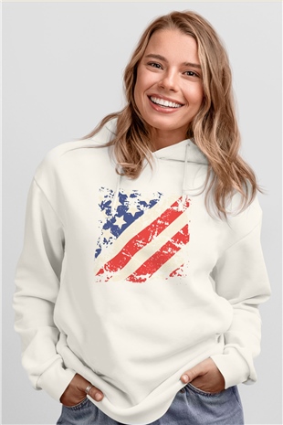 ABD Beyaz Unisex Kapşonlu Sweatshirt