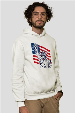 ABD Beyaz Unisex Kapşonlu Sweatshirt