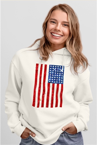 ABD Beyaz Unisex Kapşonlu Sweatshirt