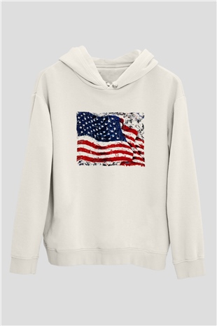 ABD Beyaz Unisex Kapşonlu Sweatshirt
