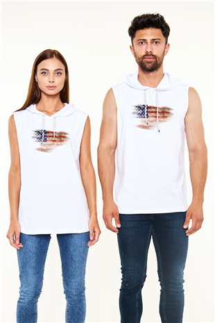 ABD Beyaz Unisex Kapüşonlu Kolsuz Tişört