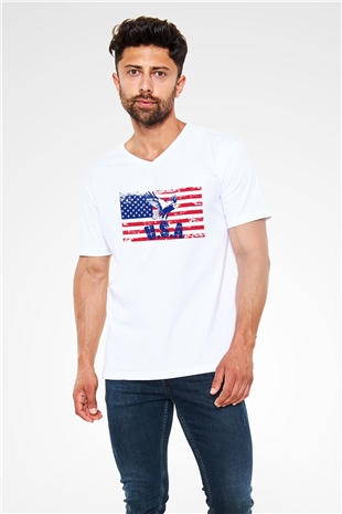 ABD Beyaz Unisex V Yaka Tişört T-Shirt