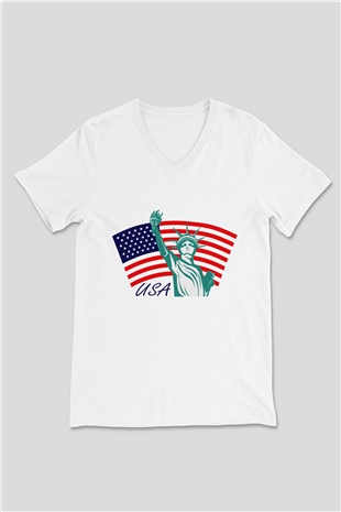 ABD Beyaz Unisex V Yaka Tişört T-Shirt