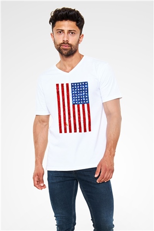 ABD Beyaz Unisex V Yaka Tişört T-Shirt