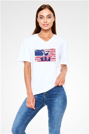 ABD Beyaz Unisex V Yaka Tişört T-Shirt