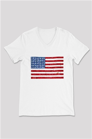 ABD Beyaz Unisex V Yaka Tişört T-Shirt