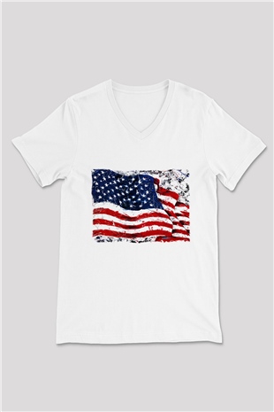 ABD Beyaz Unisex V Yaka Tişört T-Shirt