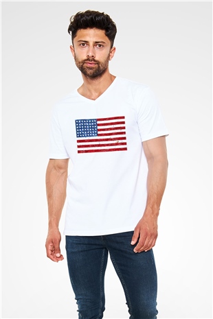 ABD Beyaz Unisex V Yaka Tişört T-Shirt
