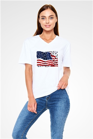 ABD Beyaz Unisex V Yaka Tişört T-Shirt