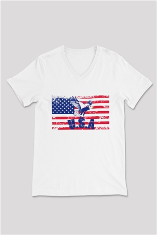 ABD Beyaz Unisex V Yaka Tişört T-Shirt