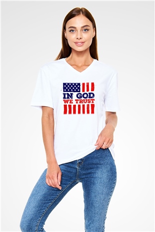 ABD Beyaz Unisex V Yaka Tişört T-Shirt