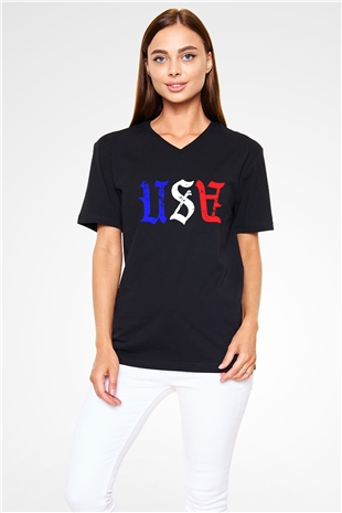 ABD Siyah Unisex V Yaka Tişört