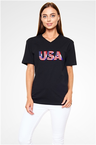 ABD Siyah Unisex V Yaka Tişört T-Shirt