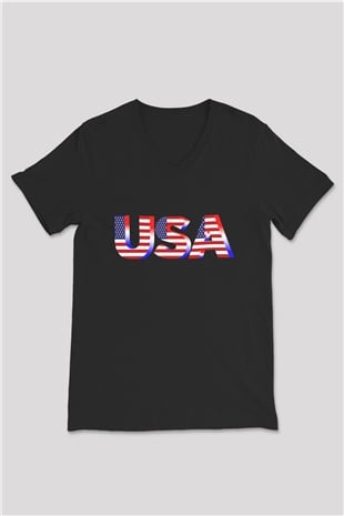 ABD Siyah Unisex V Yaka Tişört T-Shirt