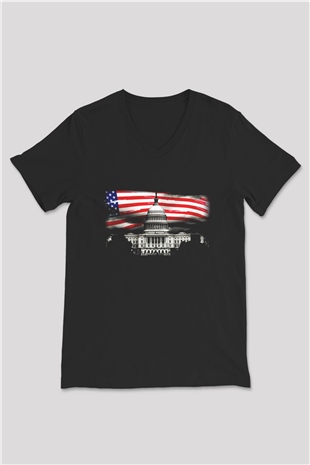 ABD Siyah Unisex V Yaka Tişört T-Shirt