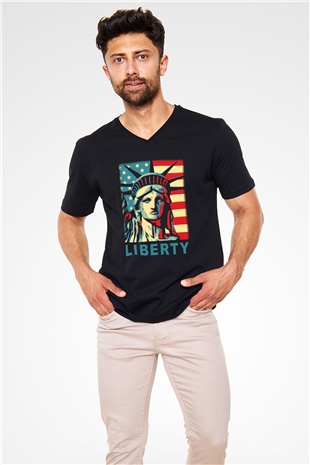 ABD Siyah Unisex V Yaka Tişört T-Shirt