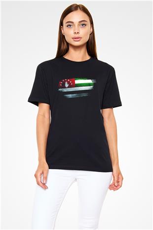 Abhazya - Abkhazia Bayrağı Baskılı Unisex Siyah Tişört