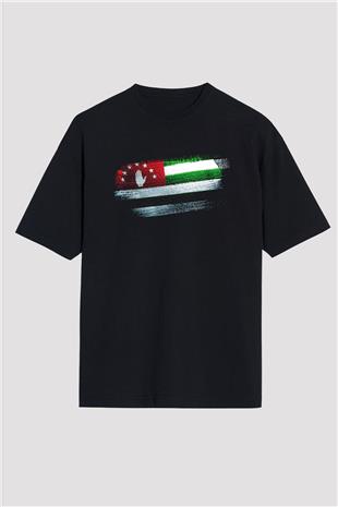 Abhazya - Abkhazia Bayrağı Baskılı Unisex Siyah Oversize Tişört