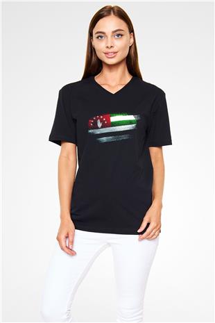 Abhazya - Abkhazia Bayrağı Baskılı Unisex Siyah V Yaka Tişört