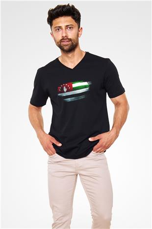 Abhazya - Abkhazia Bayrağı Baskılı Unisex Siyah V Yaka Tişört