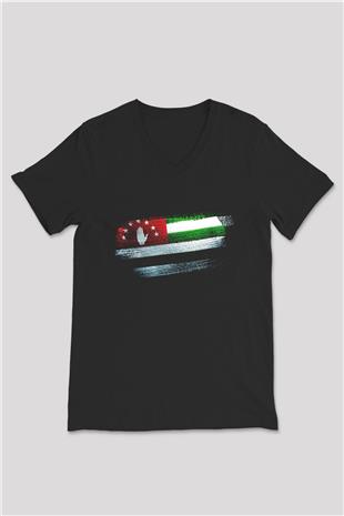 Abhazya - Abkhazia Bayrağı Baskılı Unisex Siyah V Yaka Tişört