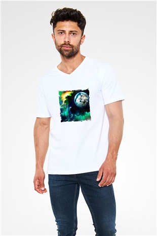 Above and Beyond Baskılı Beyaz V Yaka Unisex Tişört
