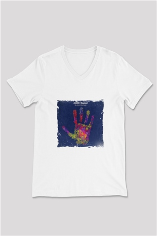 Above and Beyond Baskılı Beyaz V Yaka Unisex Tişört