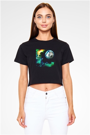 Above and Beyond Baskılı Crop Top Siyah Kadın Tişört