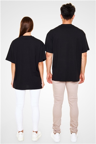 Above and Beyond Baskılı Unisex Oversize Siyah Tişört