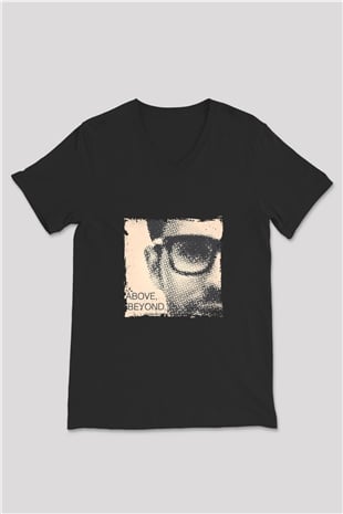 Above and Beyond Baskılı Unisex Siyah V Yaka Tişört