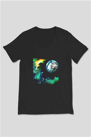 Above and Beyond Baskılı Unisex Siyah V Yaka Tişört