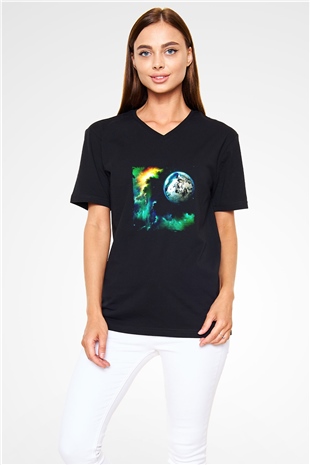 Above and Beyond Baskılı Unisex Siyah V Yaka Tişört