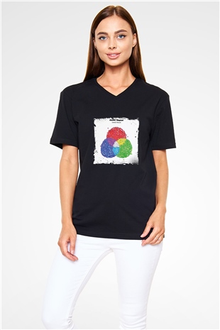 Above and Beyond Baskılı Unisex Siyah V Yaka Tişört