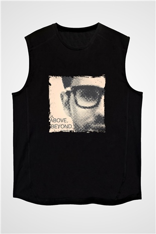 Above and Beyond Baskılı Unisex Siyah Kolsuz Tişört