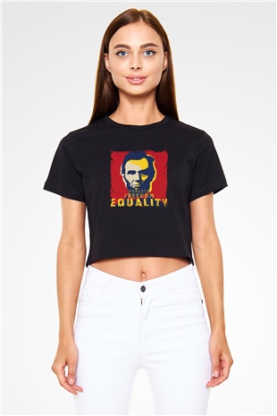 Abraham Lincoln Baskılı Siyah Kadın Crop Top Tişört