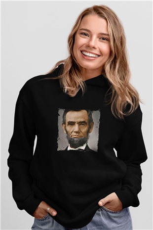 Abraham Lincoln Baskılı Unisex Siyah Hoodie