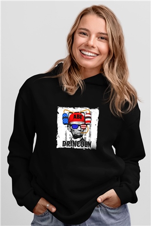Abraham Lincoln Baskılı Unisex Siyah Hoodie