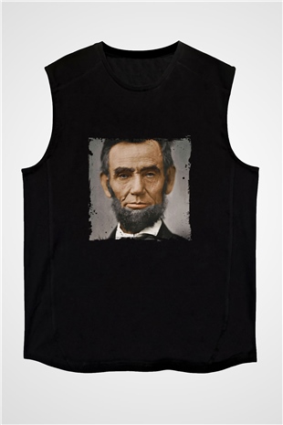 Abraham Lincoln Baskılı Unisex Siyah Kolsuz Tişört