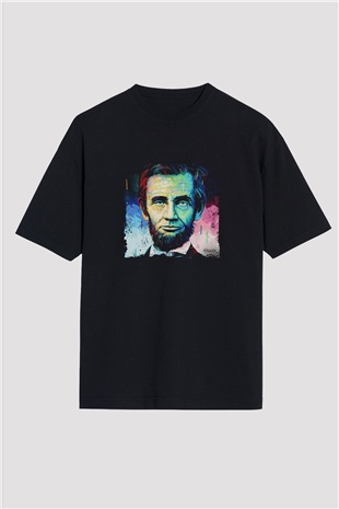 Abraham Lincoln Baskılı Unisex Siyah Oversize Tişört