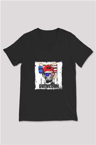 Abraham Lincoln Baskılı Unisex Siyah V Yaka Tişört