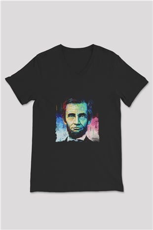 Abraham Lincoln Baskılı Unisex Siyah V Yaka Tişört
