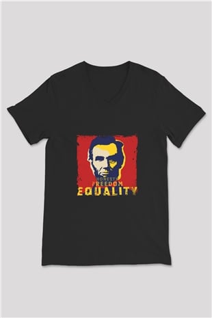 Abraham Lincoln Baskılı Unisex Siyah V Yaka Tişört