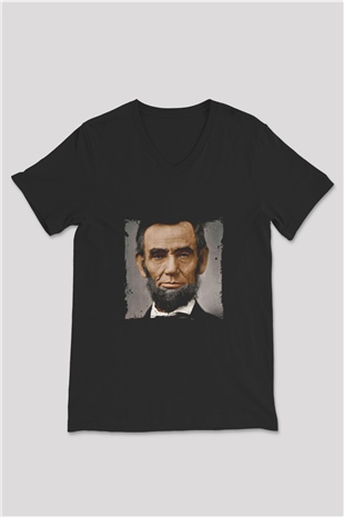 Abraham Lincoln Baskılı Unisex Siyah V Yaka Tişört