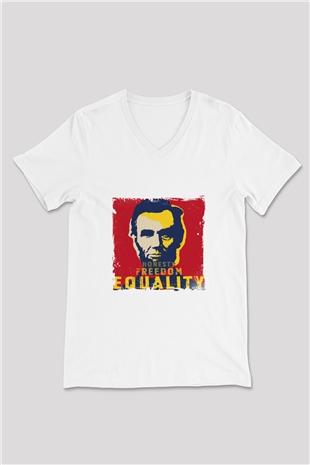 Abraham Lincoln Baskılı V Yaka Unisex Beyaz Tişört