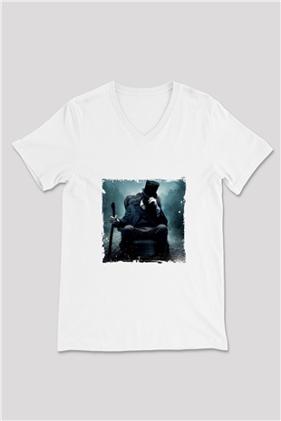 Abraham Lincoln Baskılı V Yaka Unisex Beyaz Tişört